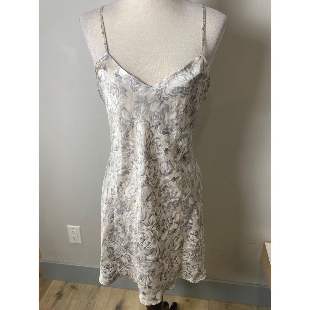 Vintage 90s Silk Floral Slip Dress Grey Silver Mini Midi Chemise Nightgown
